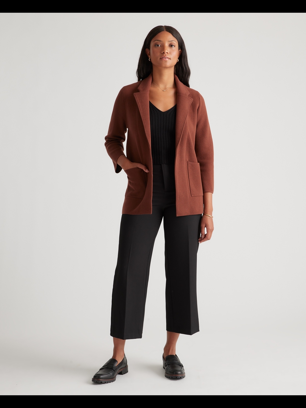 Quince Brown Knit Blazer Cardigan Sweater Jacket Open Front Patch Pockets Size M